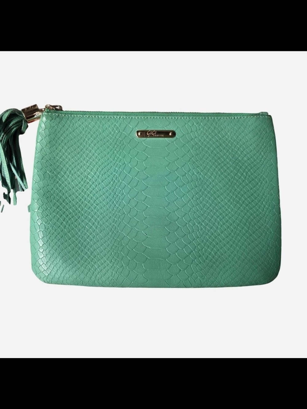 GiGi New York Turquoise Embossed Leather Zip Clutch with Tassel